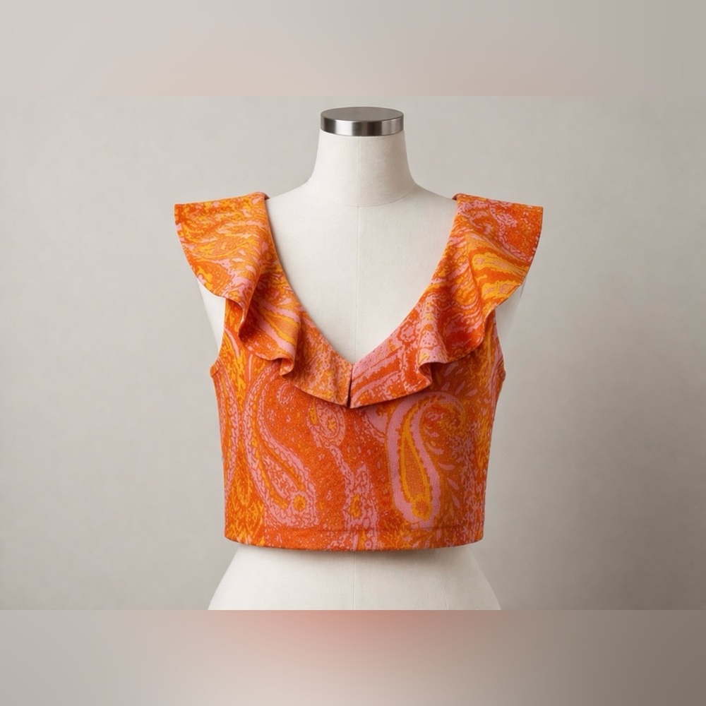 ZARA Rare Orange Pink Paisley Ruffle Crop Blouse Size L NWT Sleeveless Boho Top